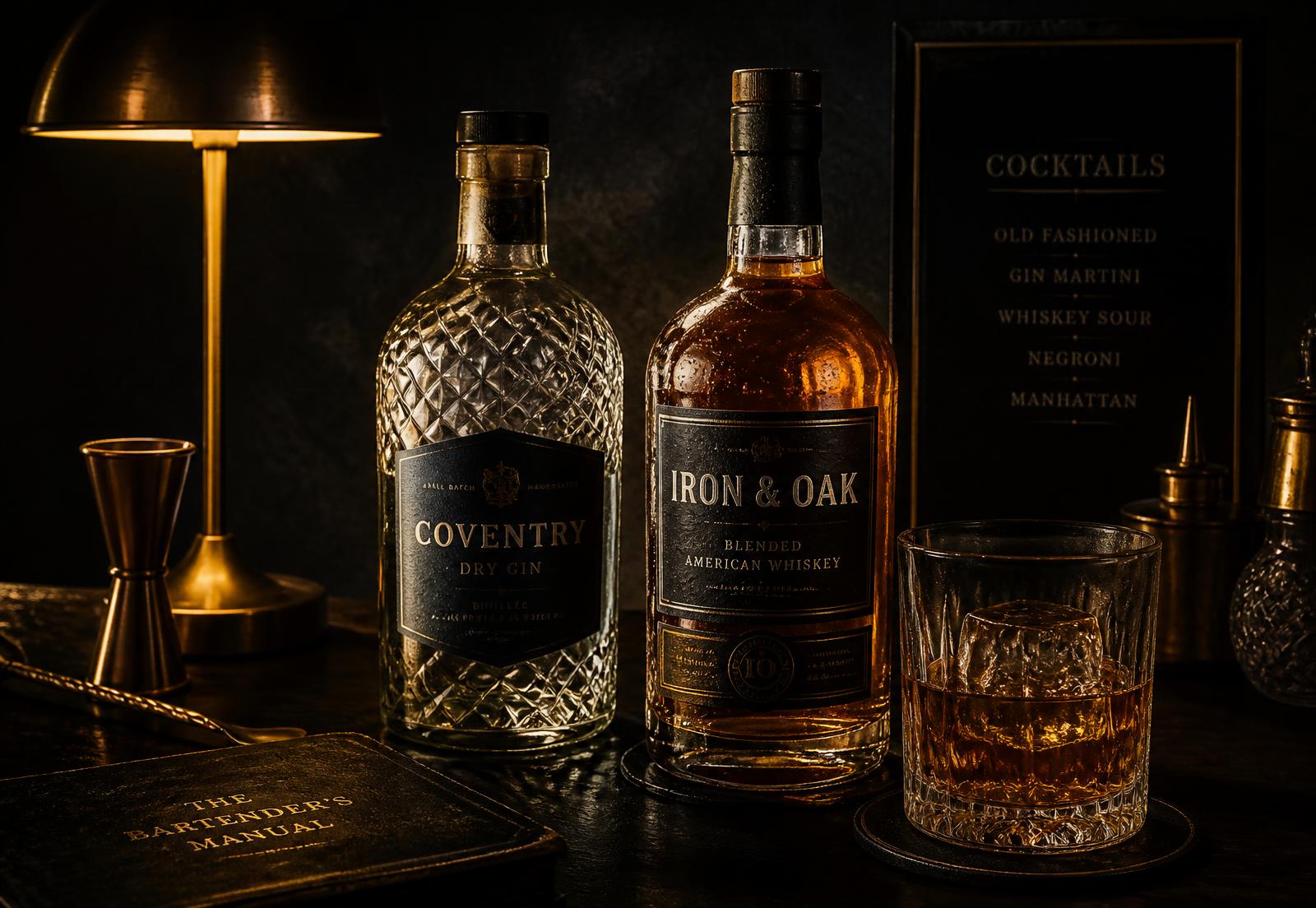 Backlit whiskey and gin bottles on a dark bar top